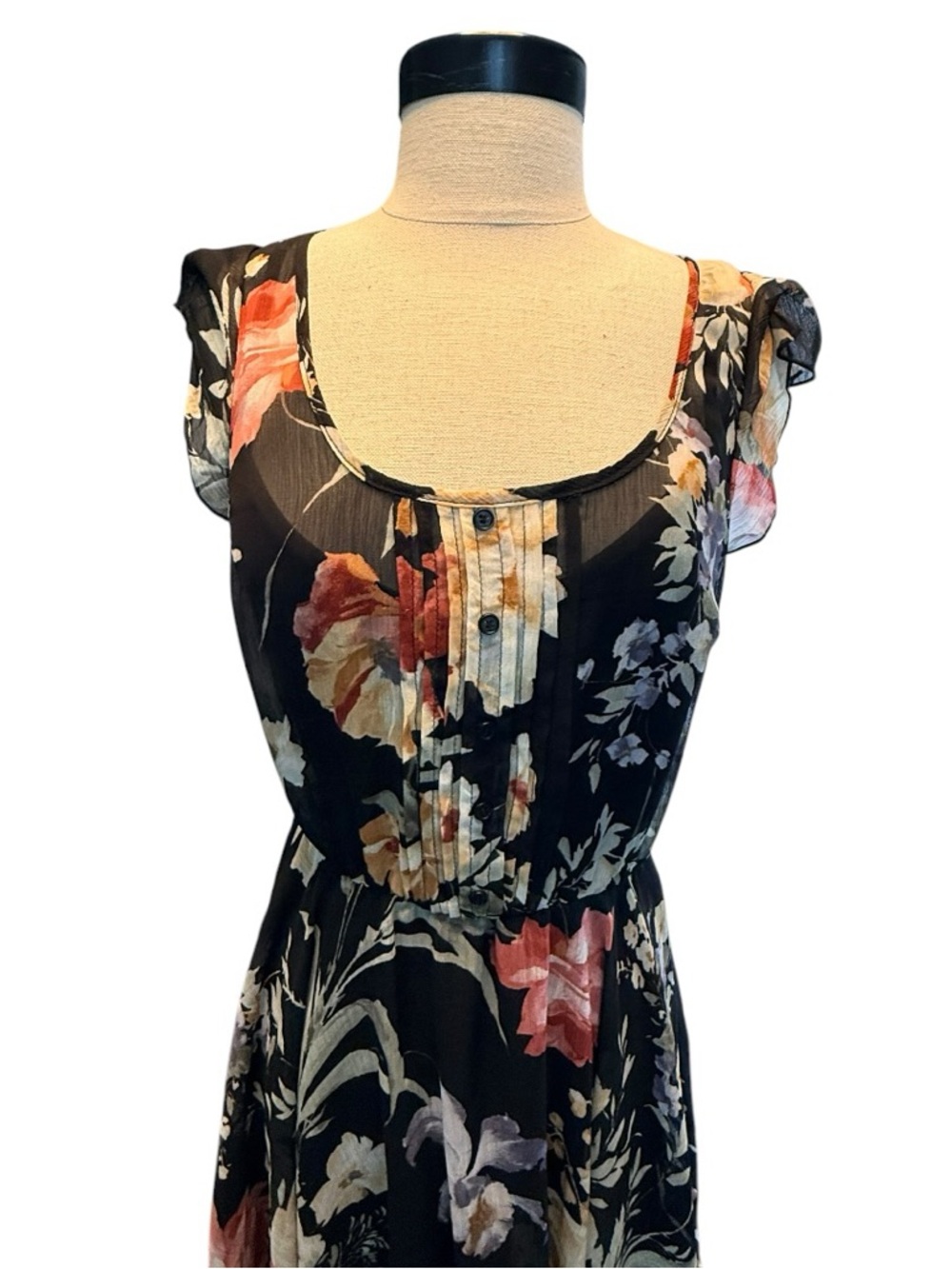 American Rag Floral Sheer Dress Boho Cottagecore Flutter Sleeve Handkerchief Hem - Picture 3 of 11